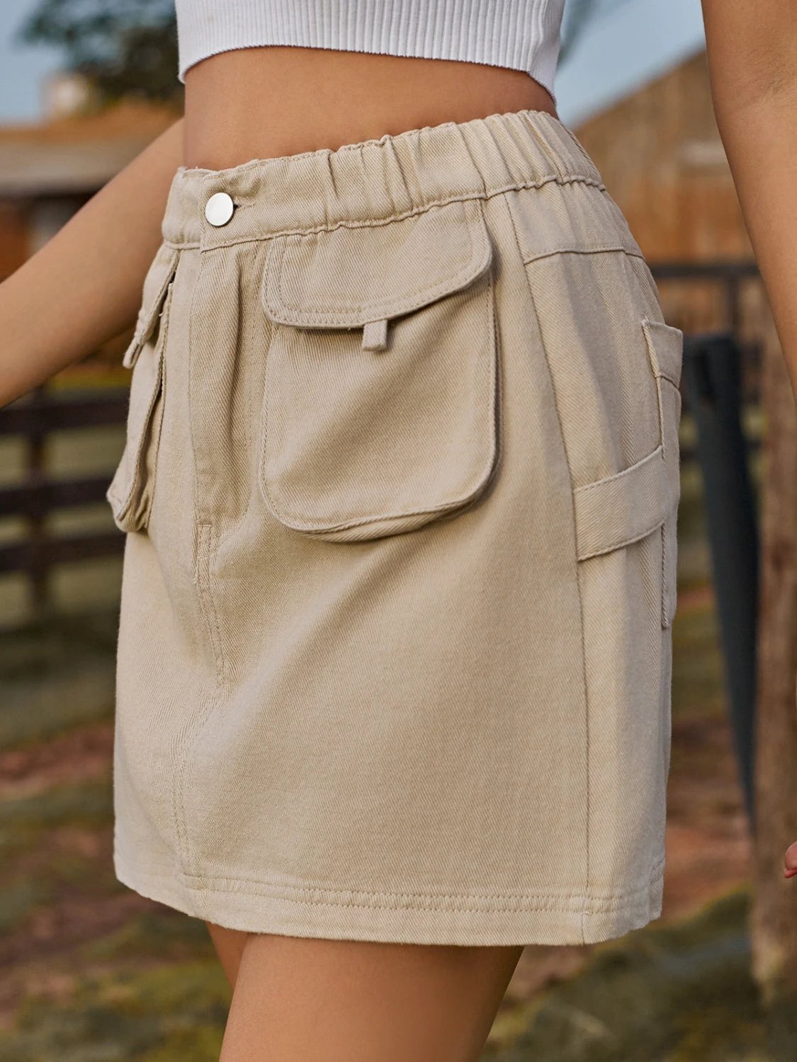 Pocketed Elastic Waist Denim Skirt by Lady Ros