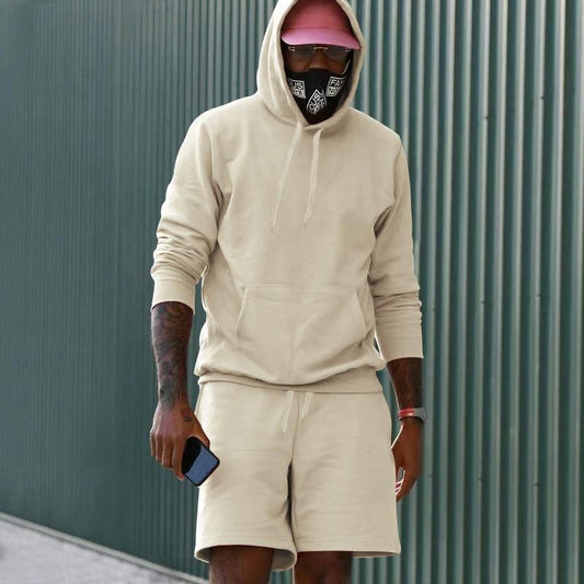 Men's Fleece-Lined Hoodie And Shorts Two-Piece Set by GJG Denim