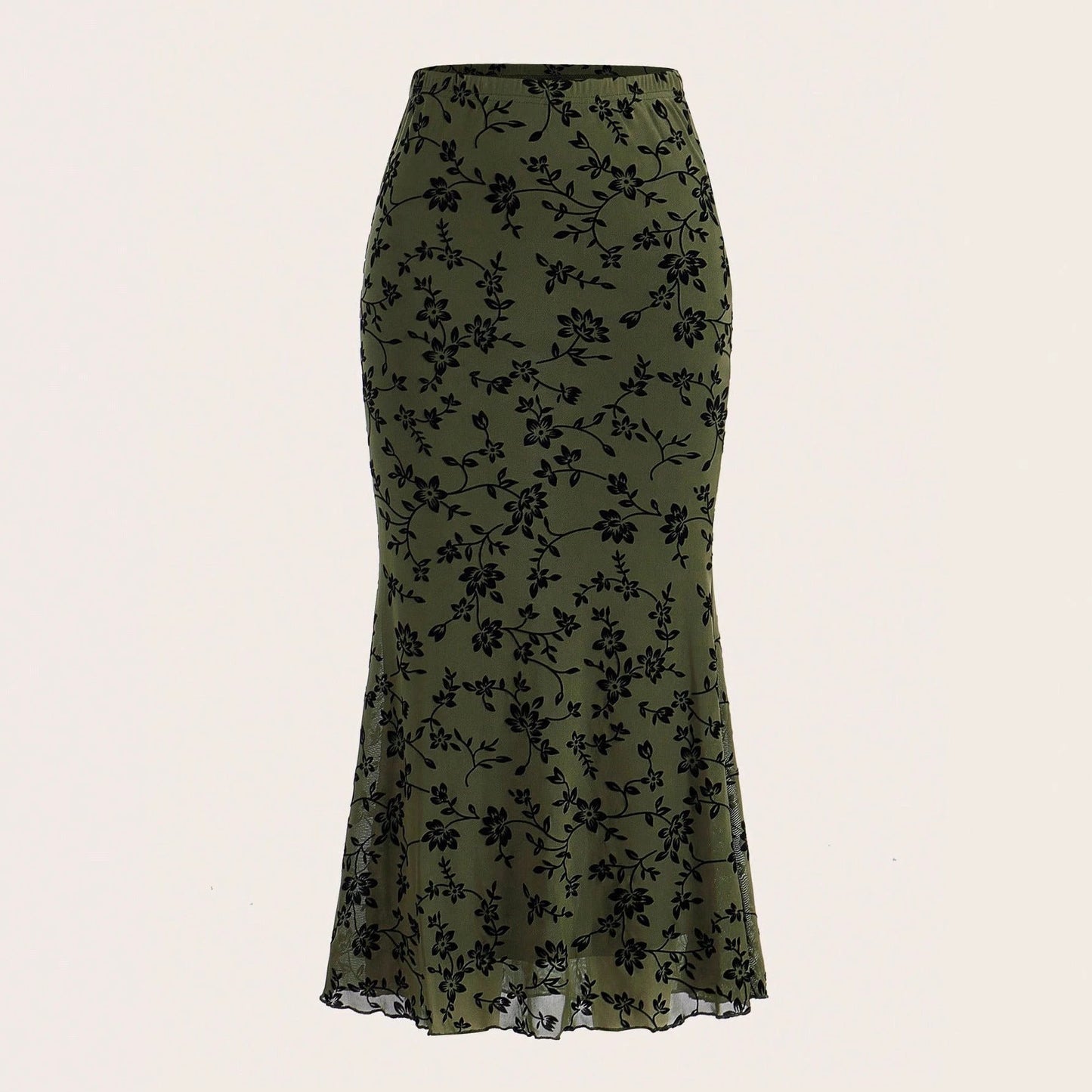 Dark Green Floral Half-length Fishtail Skirt For Women by GJG Denim