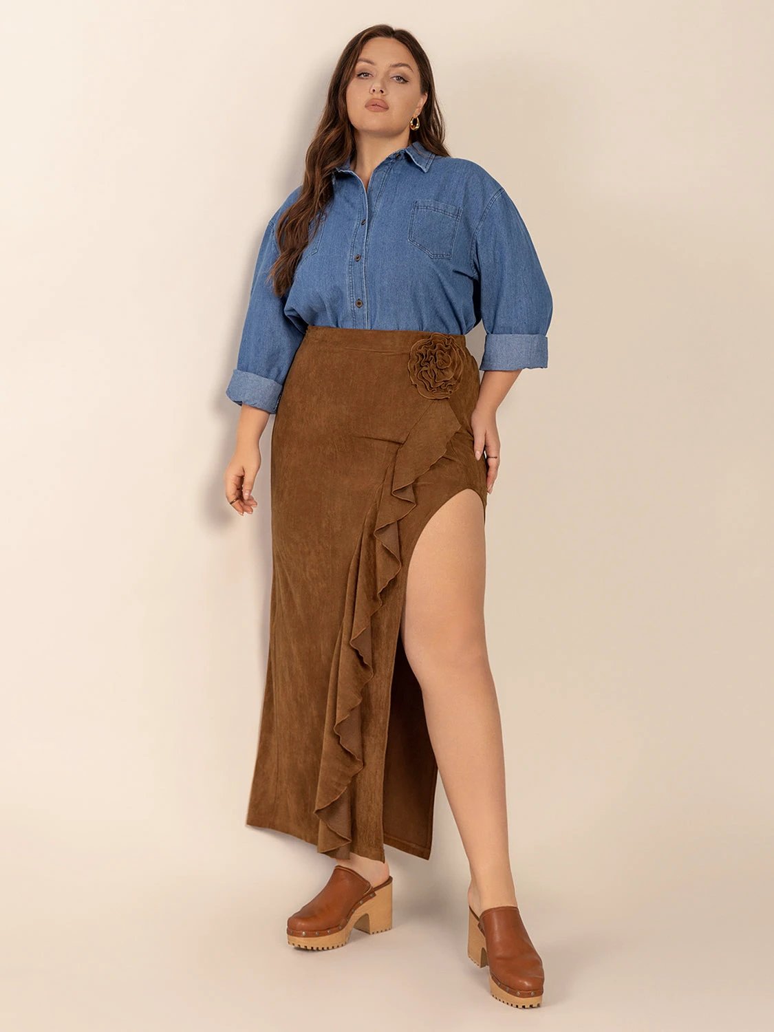 Plus Size Ruffled Slit High Rise Skirt by Lady Ros