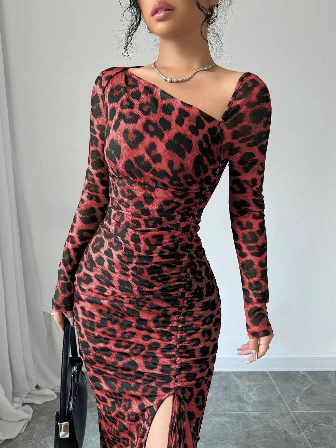 New Women's irregular V-Neck Long Sleeve Sexy Leopard Print Dress by GJG Denim