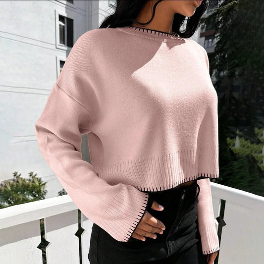 High-waisted Color-block Loose-fitting Cropped Pullover Knit Sweater by GJG Denim
