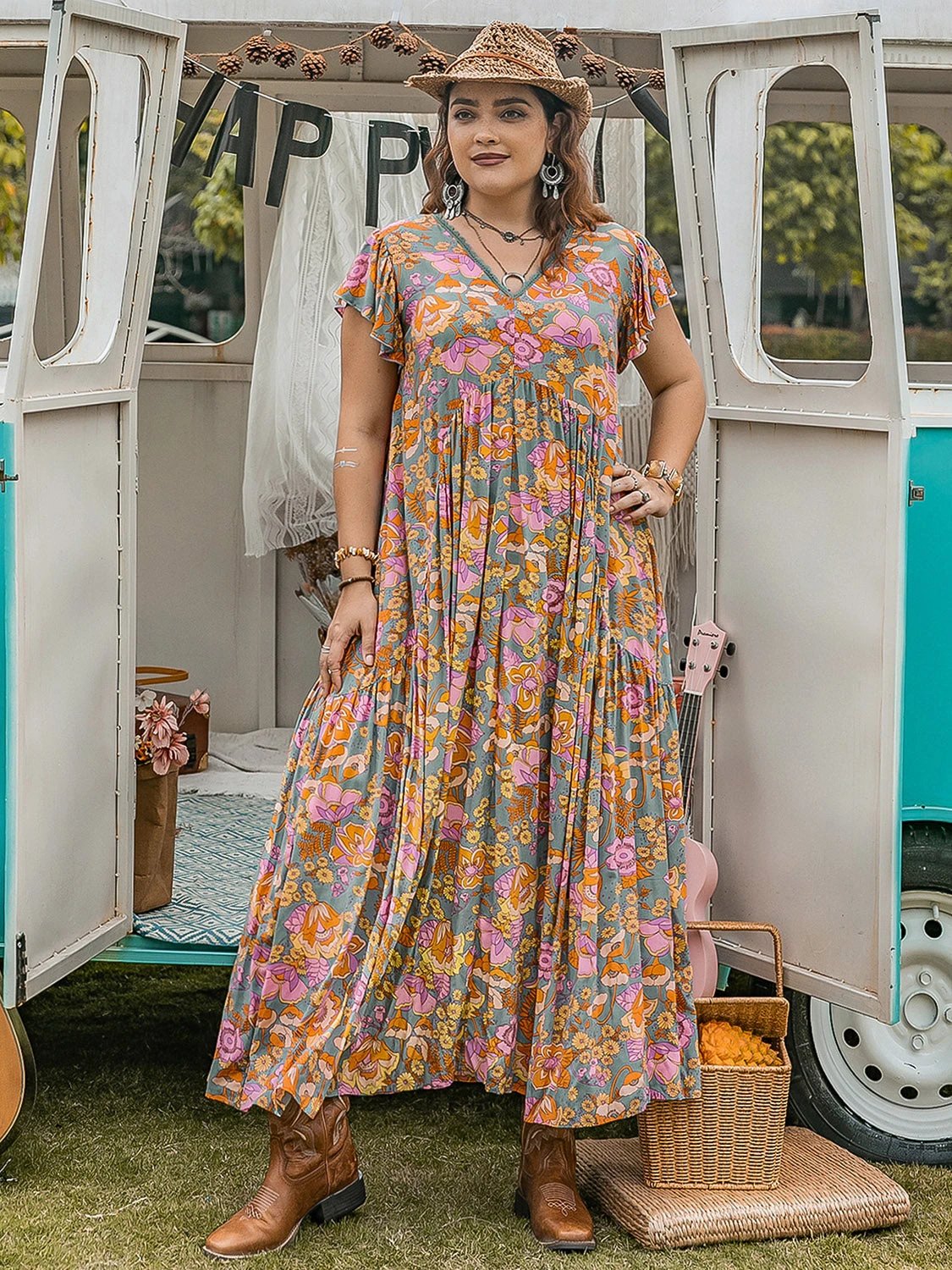 Plus Size Ruffled Printed Cap Sleeve Dress by Lady Ros