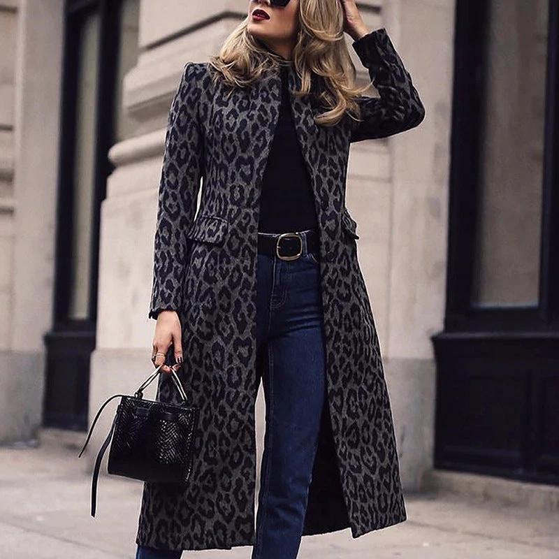 Coat Mid-length Black With A Turn-down Collar Leopard Print Top by GJG Denim
