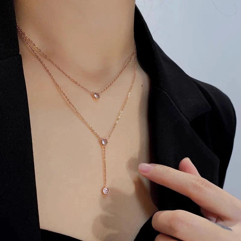 Single rhinestone Zircon Tassel Titanium Steel Necklace For Women by GJG Denim
