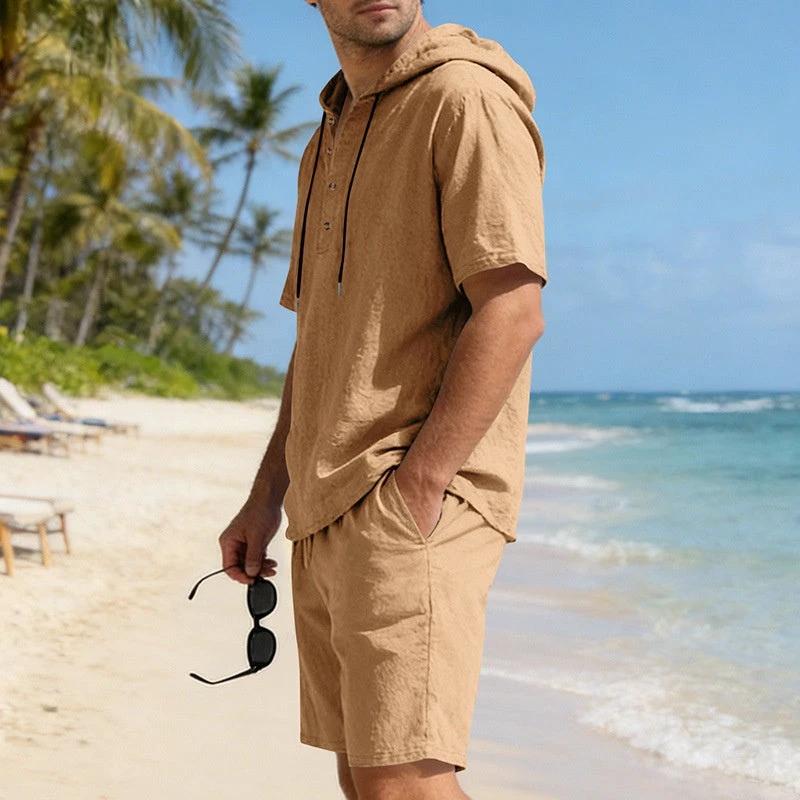 Mens Loose Breathable Linen Hooded Casual Set by GJG Denim