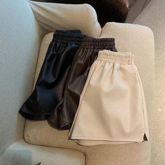 Pu Leather Shorts Women High Waist Loose Split Casual Pants by GJG Denim