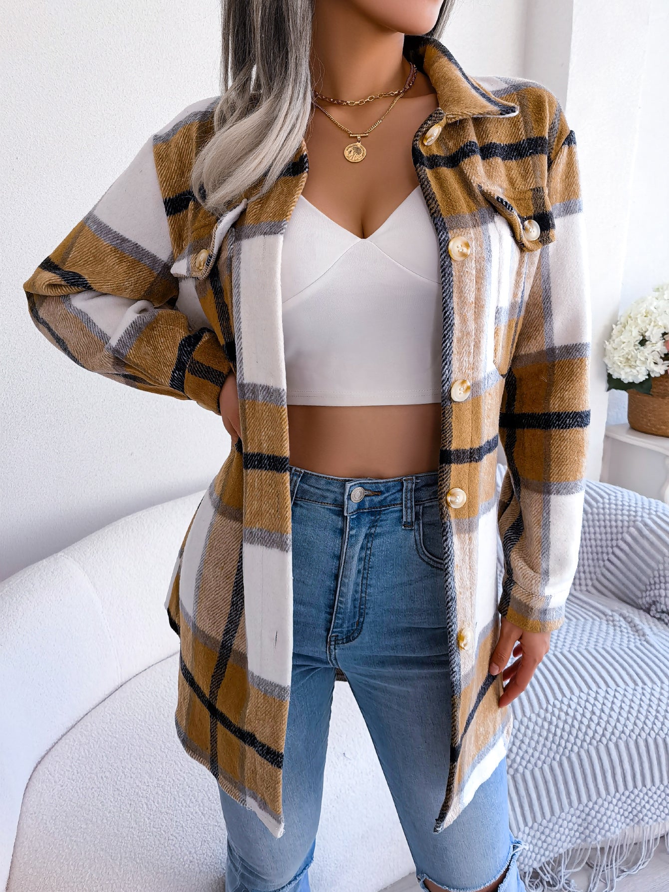 Women's Color-Blocked Plaid Long Sleeve Tie-Waist Thick Tweed Coat by GJG Denim