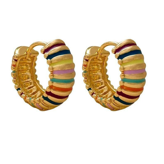 Retro Colorful Stripes Hoop Earrings Elegant Women's Light Luxury High-end Sense by GJG Denim