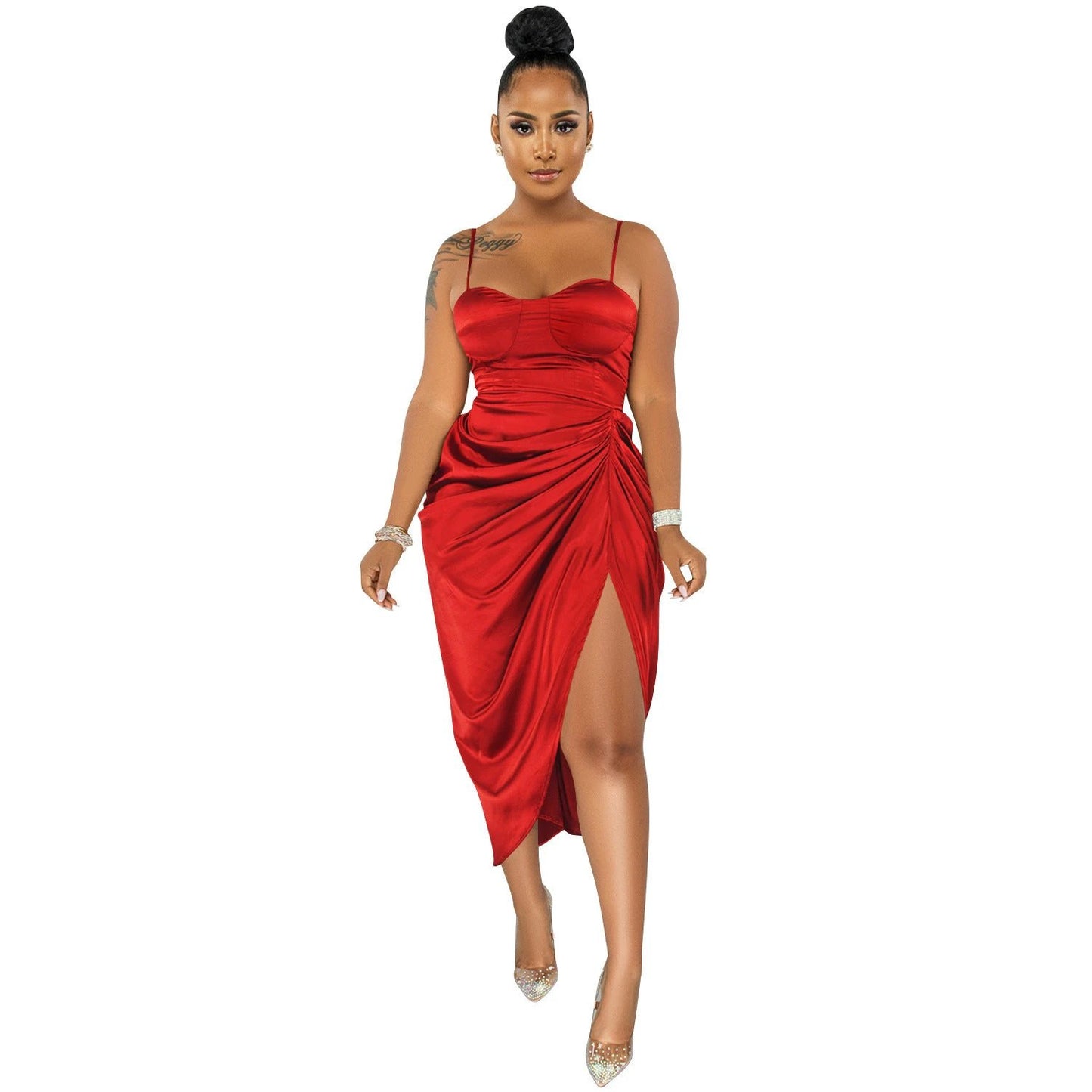 Fashion Solid Color Women's Sling Wrap Chest Ruched Slit Dress by GJG Denim