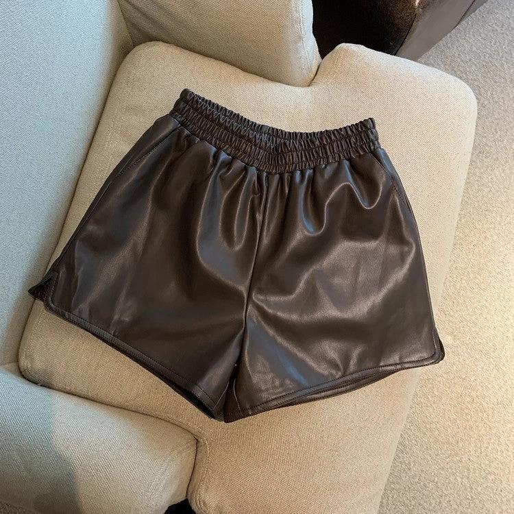 Pu Leather Shorts Women High Waist Loose Split Casual Pants by GJG Denim