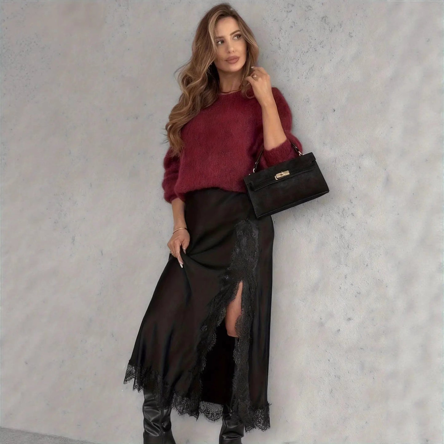 Spring New High-Slit Satin Skirt Solid Color by GJG Denim