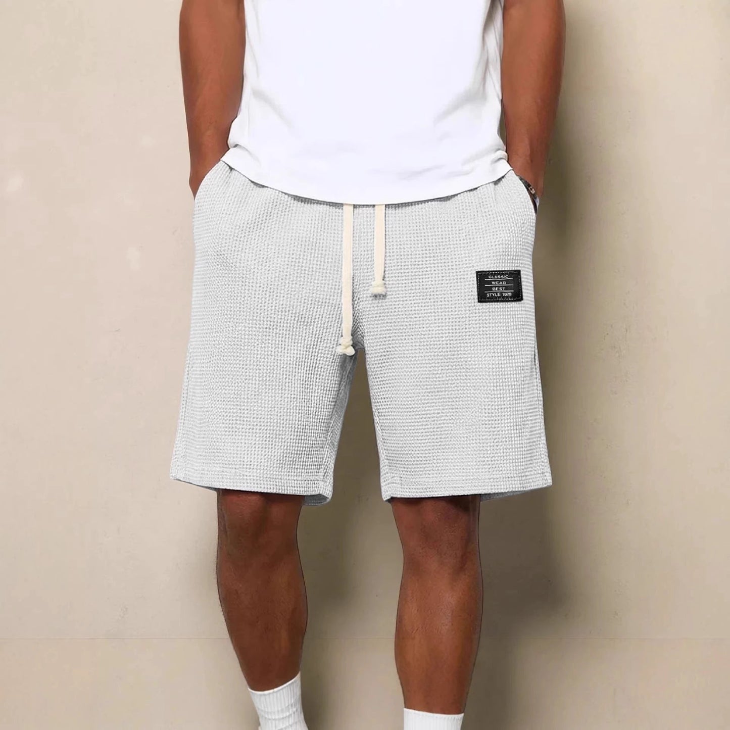 Men's Simple Waffle Knit Embroidered Casual Solid Color Shorts by GJG Denim