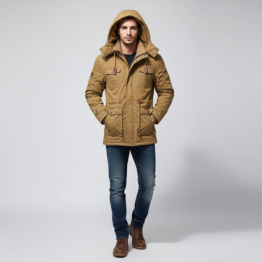 Men's Fleece Padded Mid-length Hooded Jacket by GJG Denim