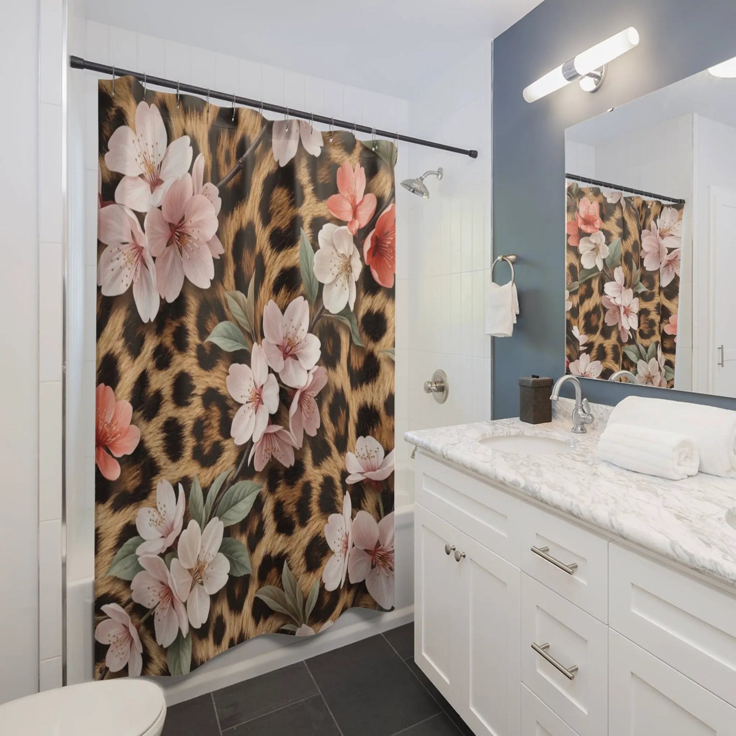 Floral Leopard Shower Curtain — Chic Animal Print Floral Bathroom Decor by Printify
