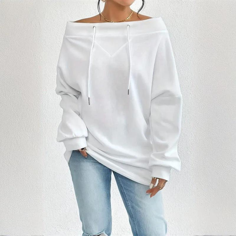 Plus Size Women's Solid Color Off-Shoulder Long Sleeve Pullover With Drawstring - Casual Ribbed Detail Top For Spring&Fall by GJG Denim