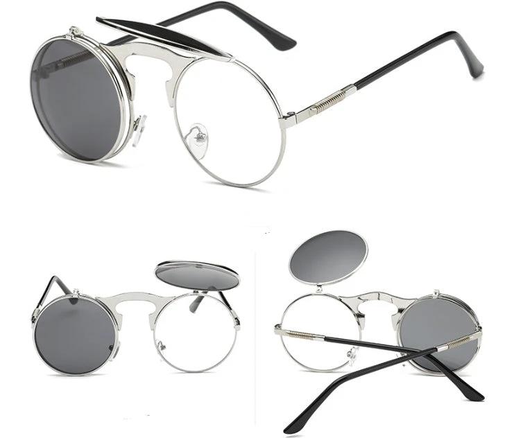 Vintage Round Steampunk Sunglasses Flip-Up UV Protection Metal Frame For Men by GJG Denim