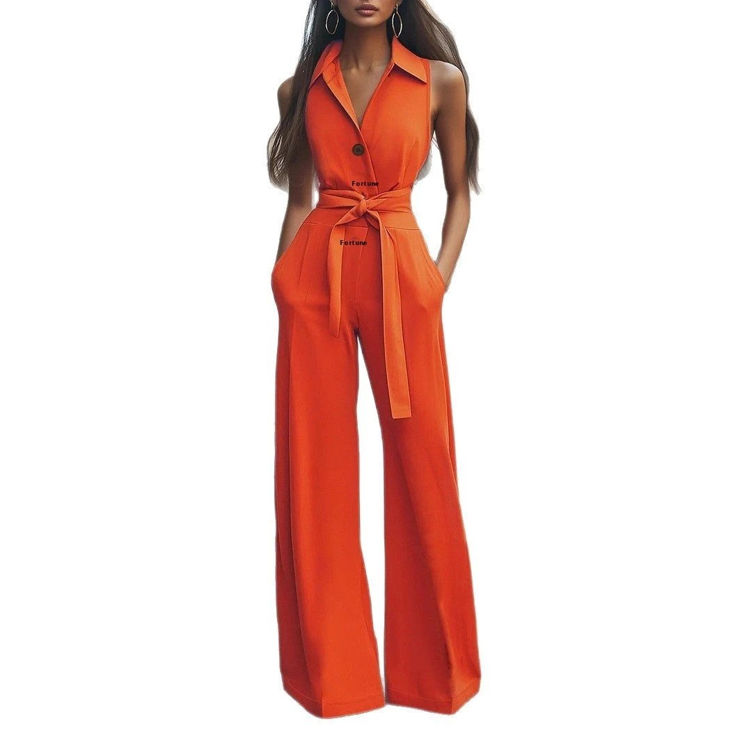 Women's Blouse Collar Solid Color Wide Leg Jumpsuit by GJG Denim