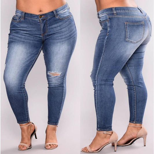Large size hole high elastic jeans women's feet pants by GJG Denim