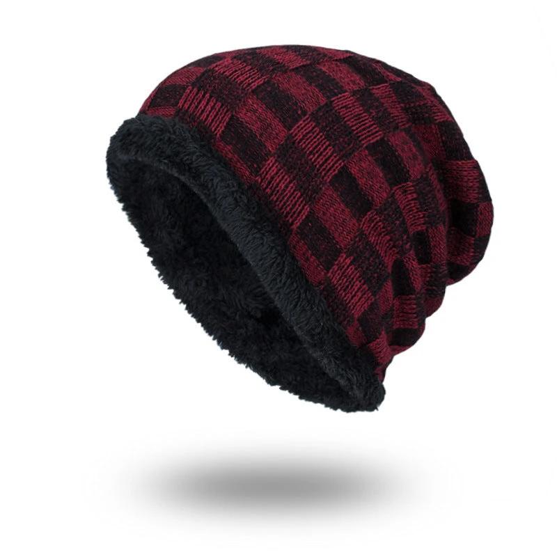 Men's Knitted Wool Plus Velvet Warm Contrast Color Small Square Beanie by GJG Denim