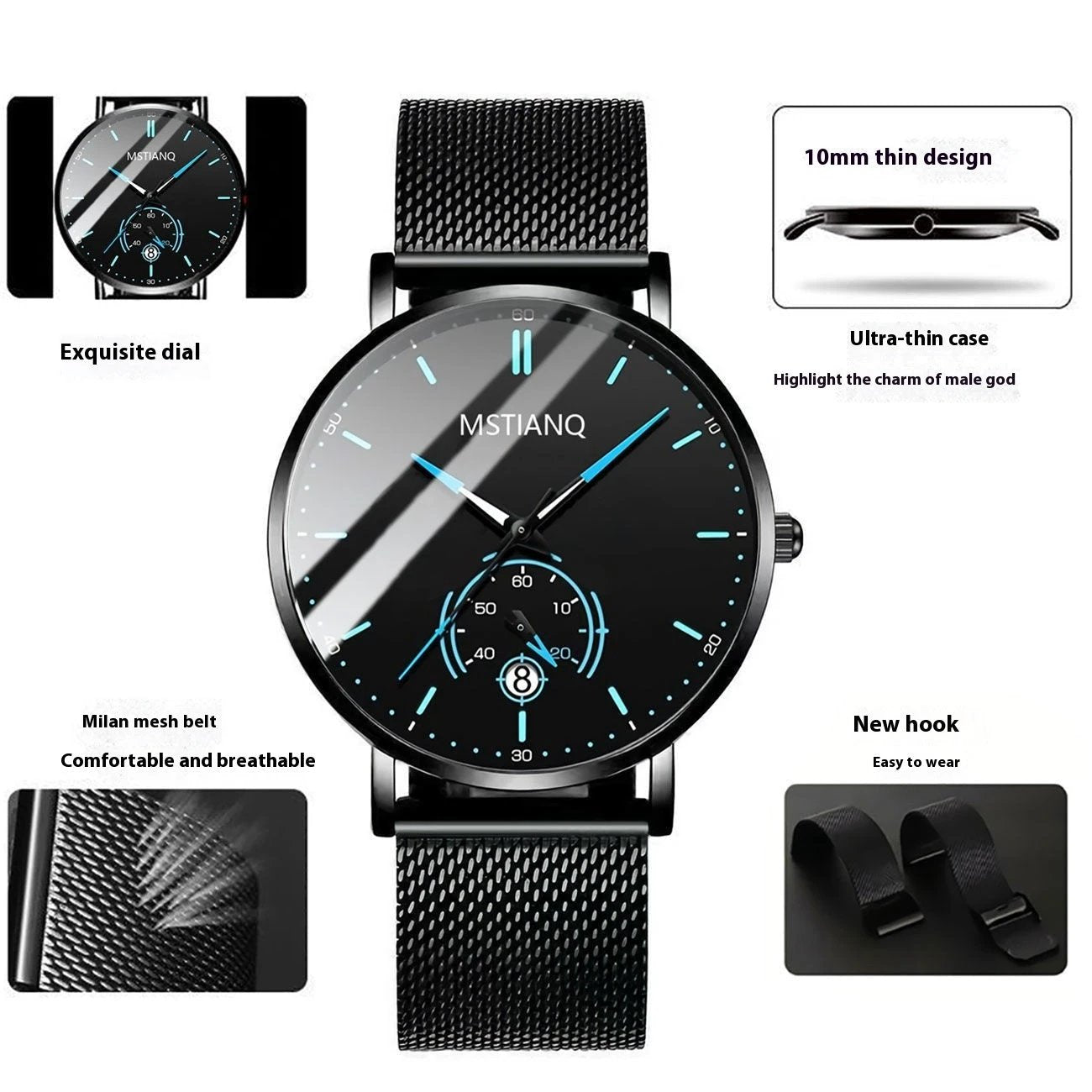 Stylish Black Technology Belt Refined Steel Casual Calendar Watch by GJG Denim