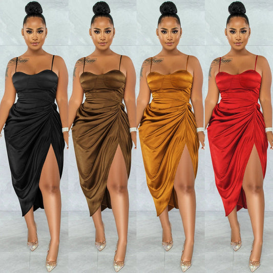 Fashion Solid Color Women's Sling Wrap Chest Ruched Slit Dress by GJG Denim