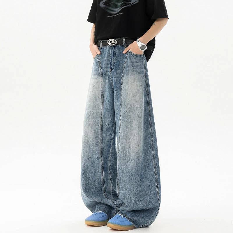 Retro Blue Denim Men's Loose Wide-leg Pants by GJG Denim