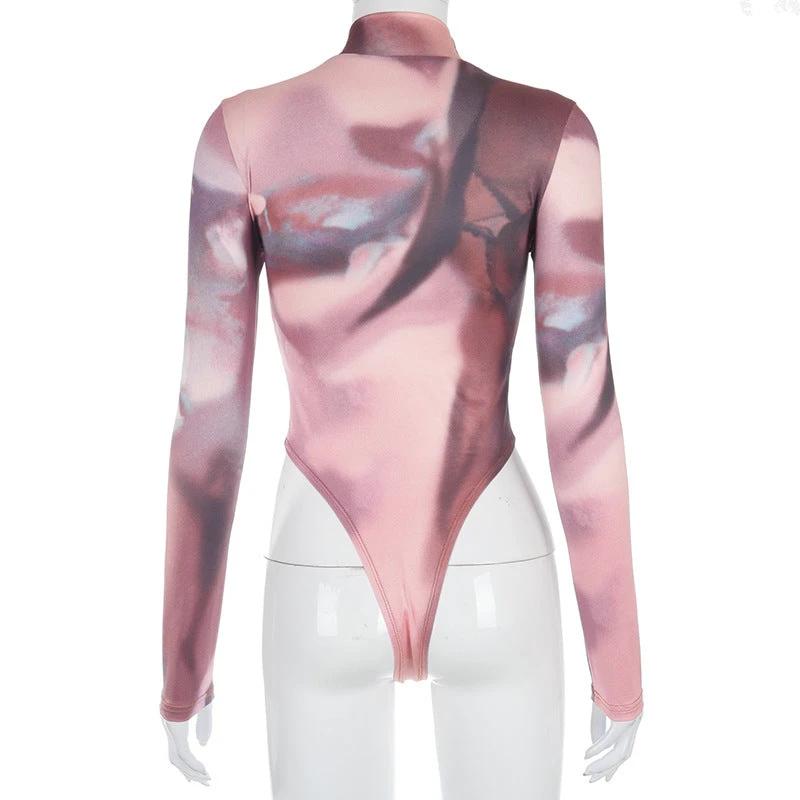 New Round Neck Pullover High-Fork Printing Long-Sleeved Slim Bottoming Bodysuit Women by GJG Denim