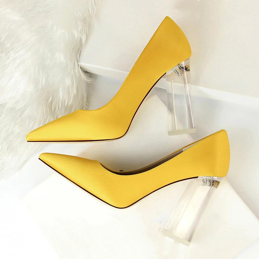 Womens Pumps Shoes Stiletto Satin Transparent Block High Heels by GJG Denim