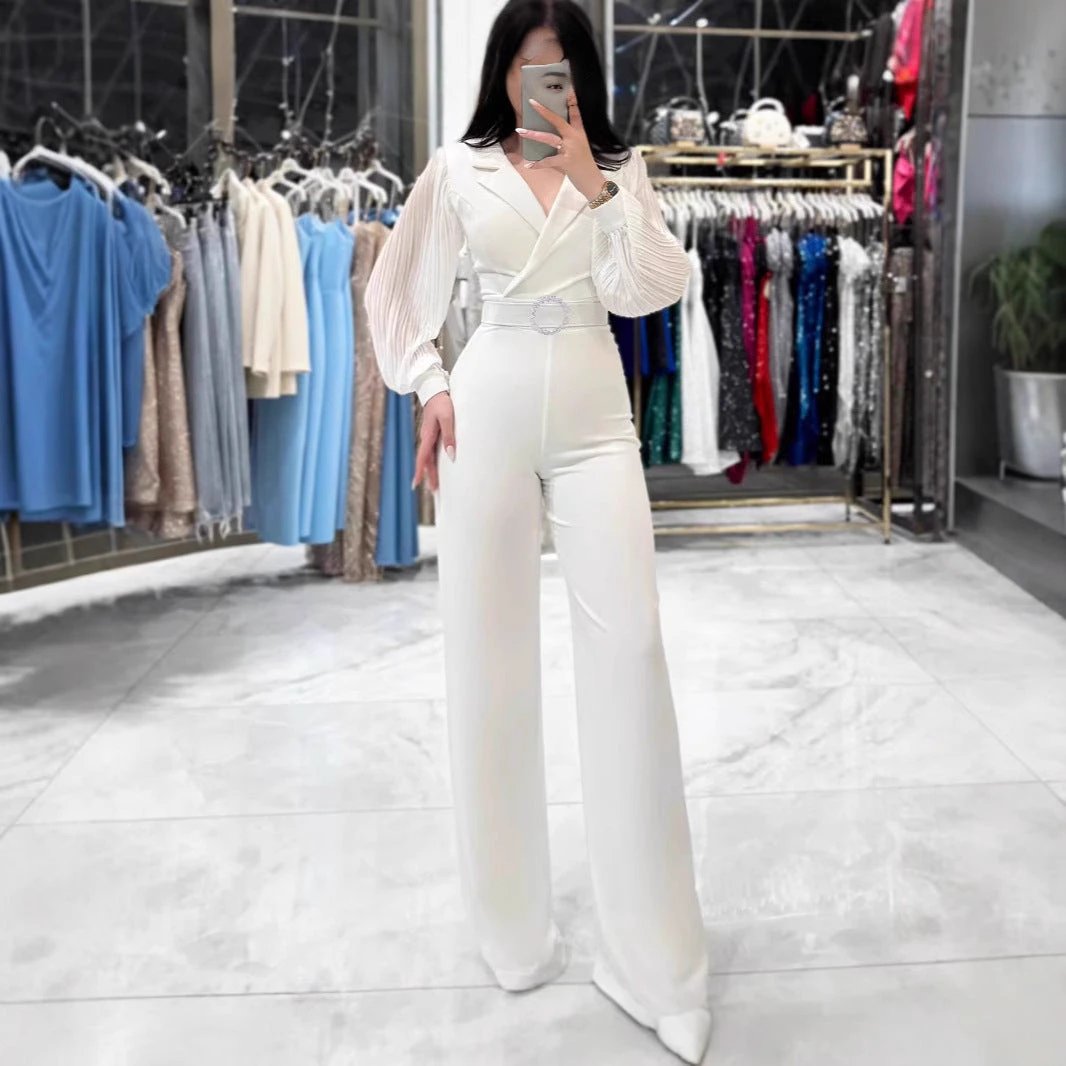 Fitted Jumpsuit With Pleated Long Sleeves And A Blazer Collar by GJG Denim