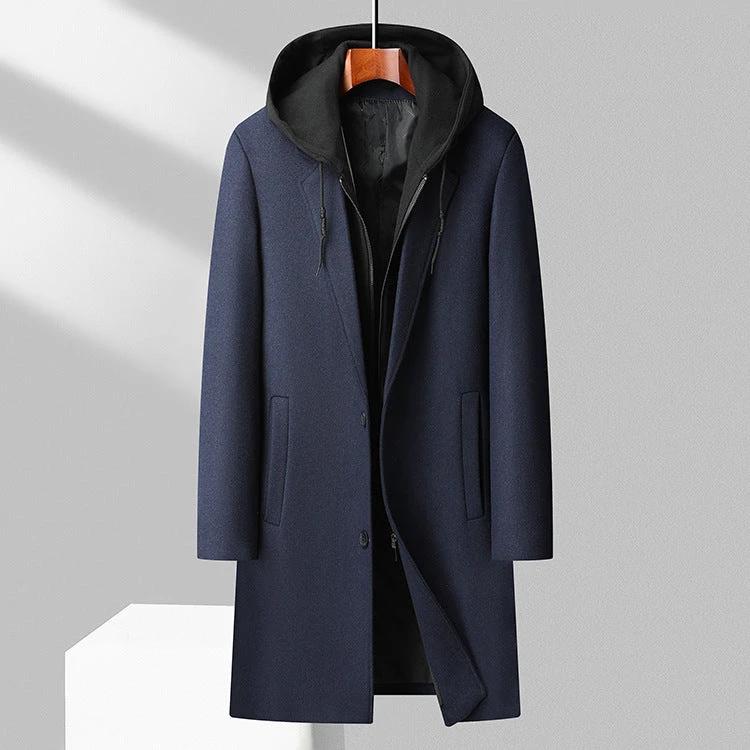Men's Detachable Hooded Mid-length Woolen Trench Coat by GJG Denim