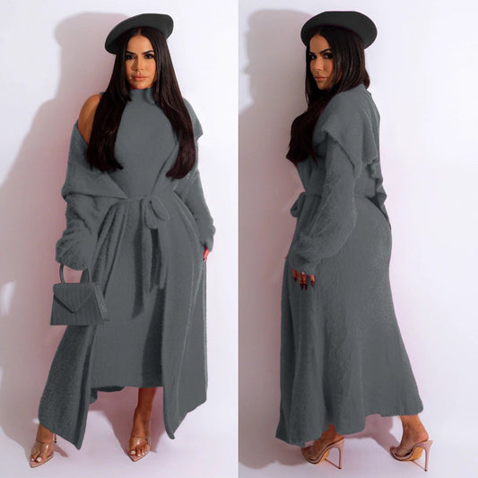 Autumn And Winter Elegant Dress Long Cardigan Velvet Two-piece Suit by GJG Denim