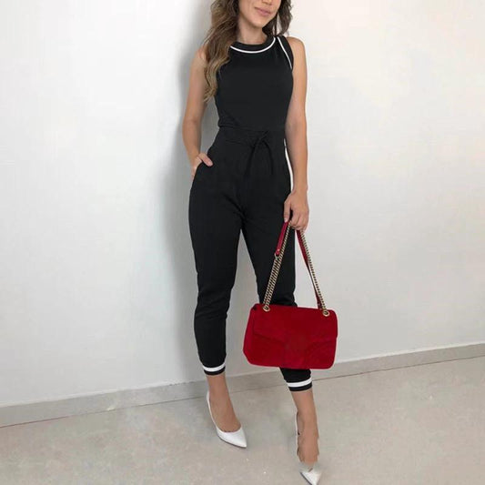 Round Neck Sleeveless Vest Contrast Color Jumpsuit by GJG Denim