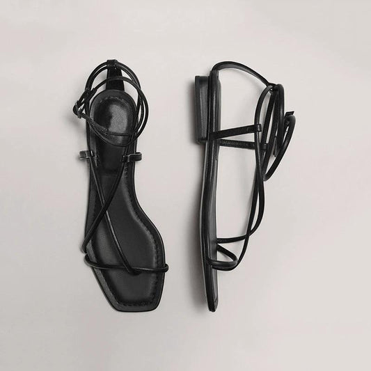 Multi-strap Flat Cowhide Sandals Lace-up Fashion Sandals Women's Shoes by GJG Denim