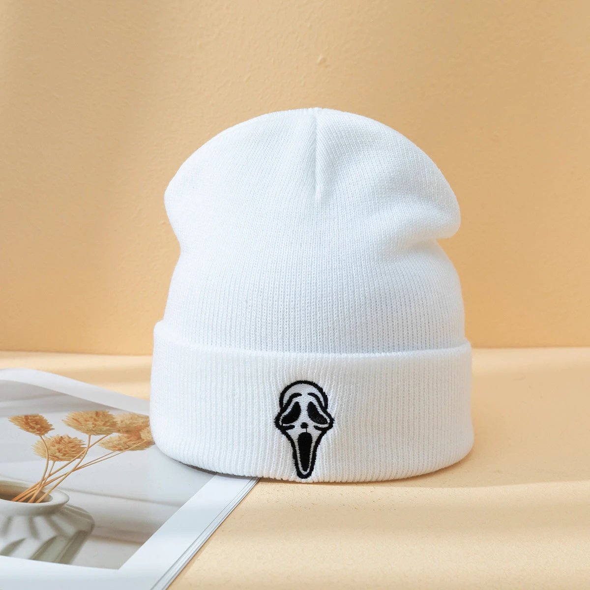 Men's Embroidered Ghost Face Knitted Beanie by GJG Denim