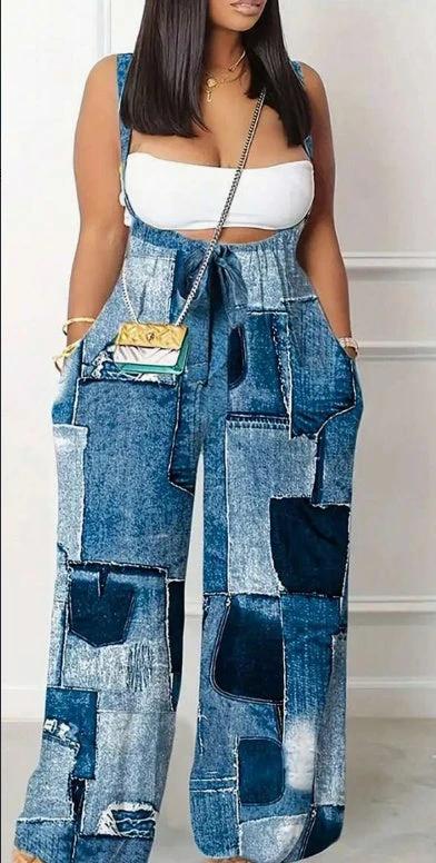 Plus Size Backless Pleated Gradient Color Wide Leg Jumpsuit With Suspender Pants by GJG Denim