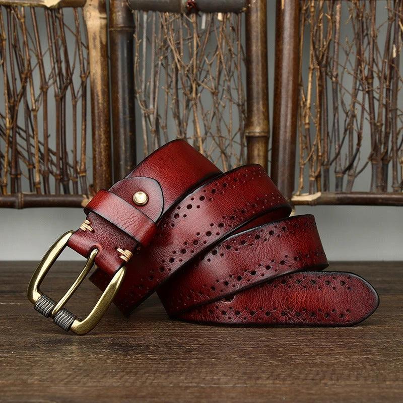 Hollowed-out First-layer Cowhide Pin-buckle Belt For Men by GJG Denim