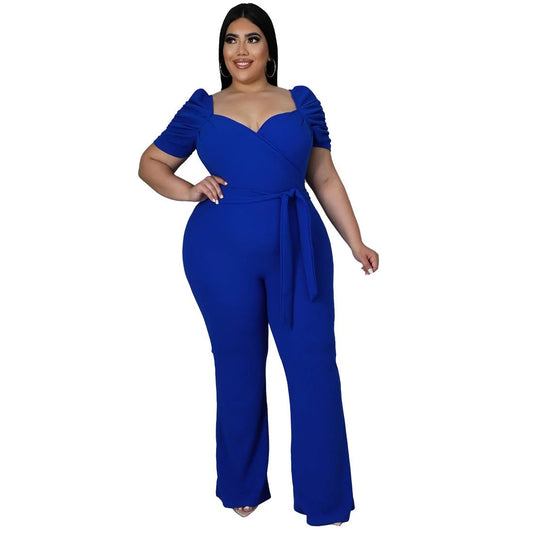 Women's Plus-Size Stand Collar Ruffle Sleeve High-Waist Jumpsuit Wide-Leg Pants by GJG Denim