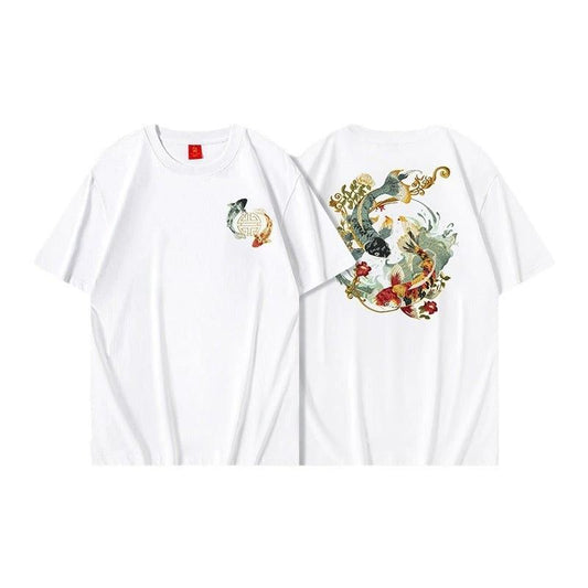 Loose Embroidered Floral Koi Short-sleeved T-shirt For Boys by GJG Denim
