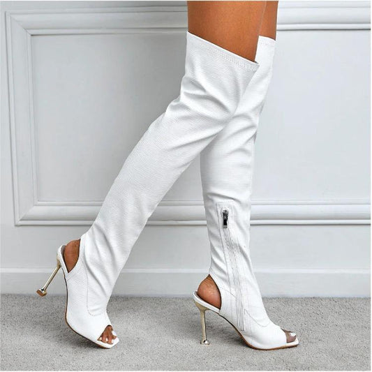 Womens Square Toe Cutout Over Knee Side Zip Cool Boots by GJG Denim