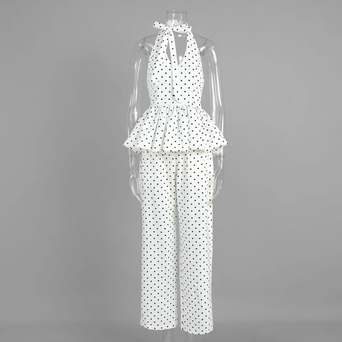 Polka-dot Print Elegant Halterneck Jumpsuit With Wide-leg Pants Set by GJG Denim