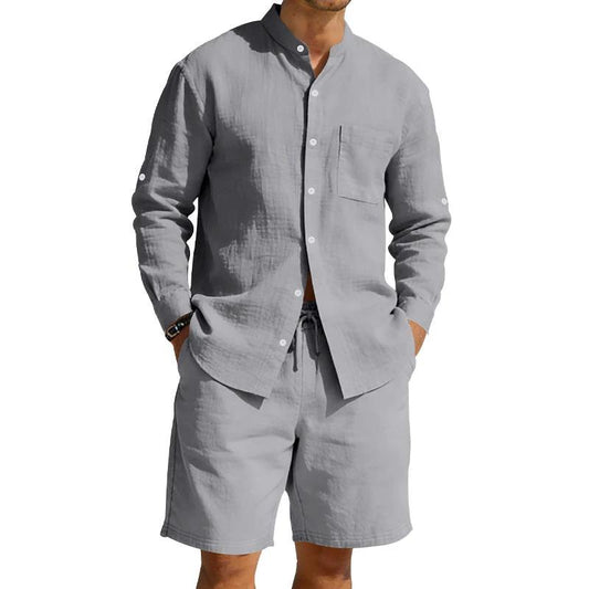 Men's Casual Linen Shirt And Shorts Set by GJG Denim