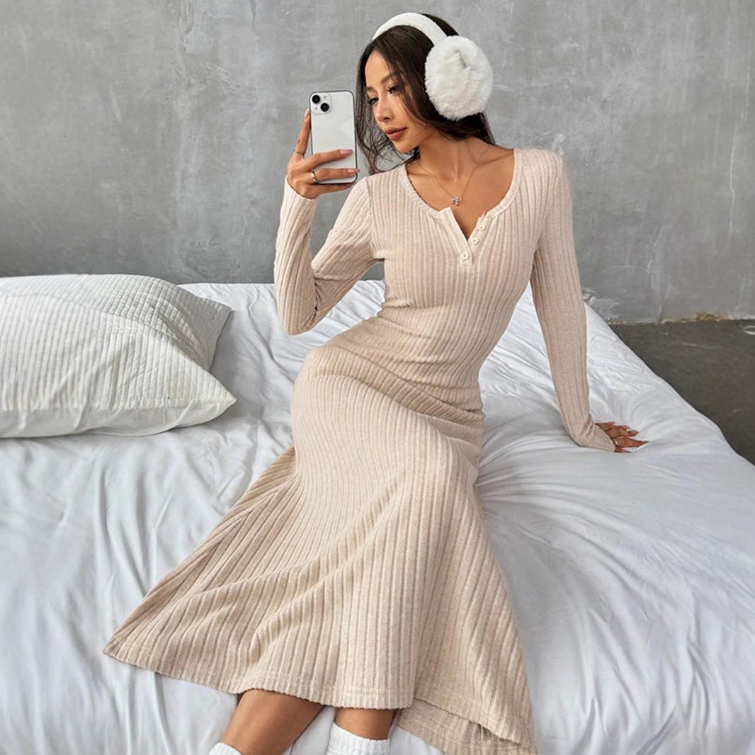 Slim V-neck Solid Color Dress Sweater by GJG Denim