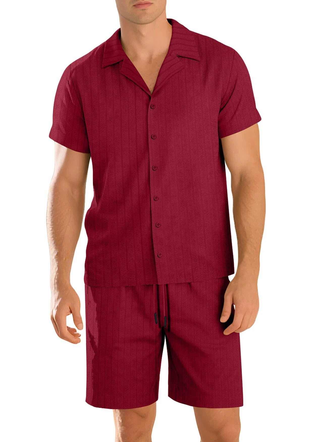 Men's Casual Button-Down Short-Sleeve Shirt And Shorts Set by GJG Denim
