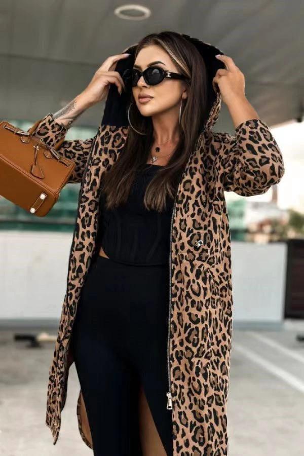 Women's Long-sleeved Hooded Printed Trench Coat by GJG Denim