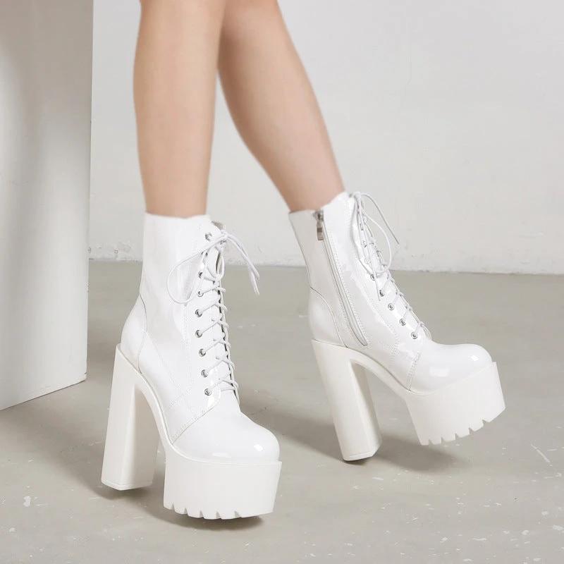 Women's Ultra-high Heel Chunky Heel Waterproof Platform Thin Boots by GJG Denim