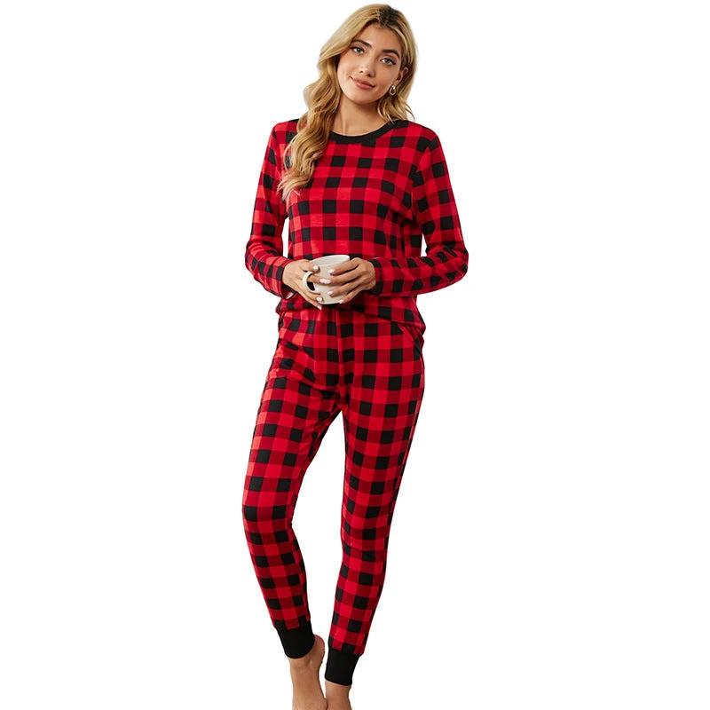 Christmas Long-sleeved Trousers Loungewear Suit Plaid Contrast Color Home Pajamas For Women by GJG Denim