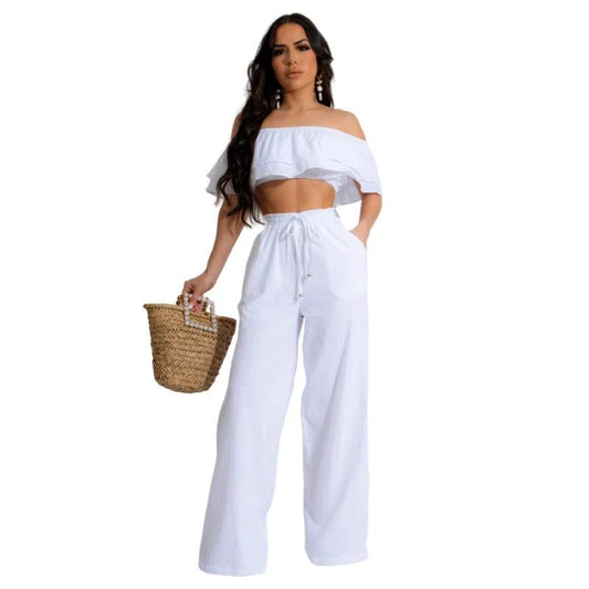 Off-shoulder Ruffled Short Top And Wide-leg Long Pants Set by GJG Denim