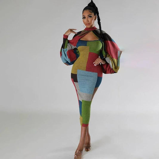 New Fashion Stitching Printing Color Contrast Long Sleeve Plus Size Dress by GJG Denim
