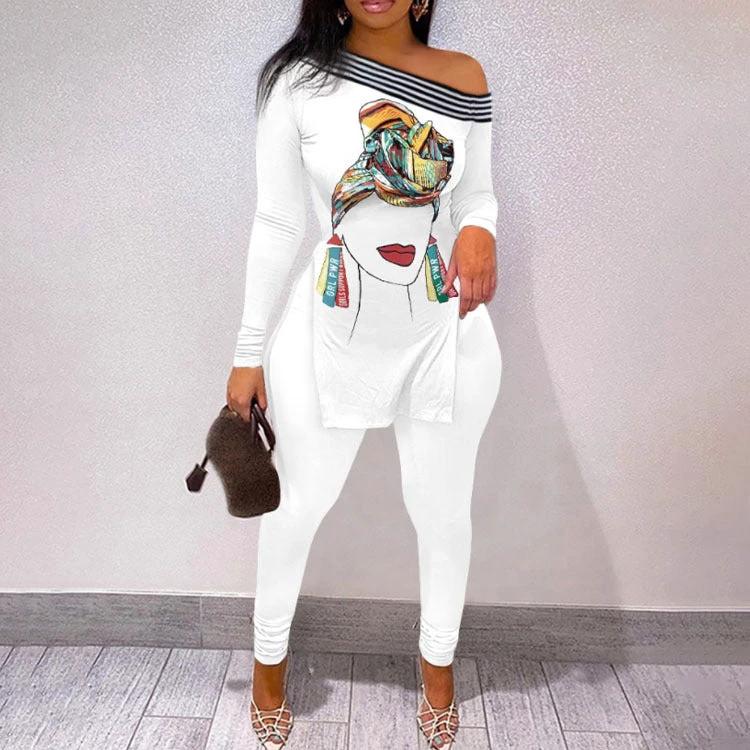 Autumn And Winter New Letter Floral Print Slit Hem Long Sleeve Top Suit Women by GJG Denim